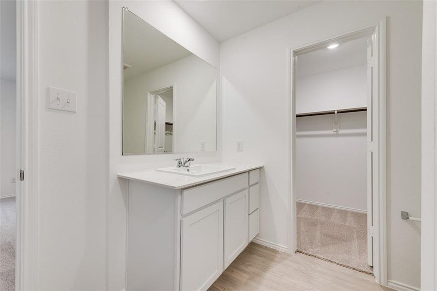 Bathroom with vanity and hardwood / wood-style floors