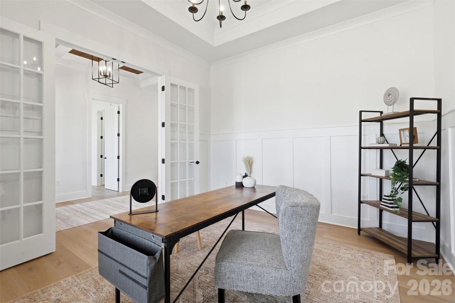 front office w/ French doors, tray ceiling