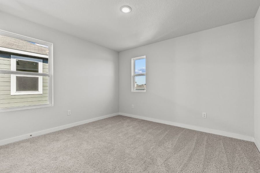 A room with a carpet and windows.