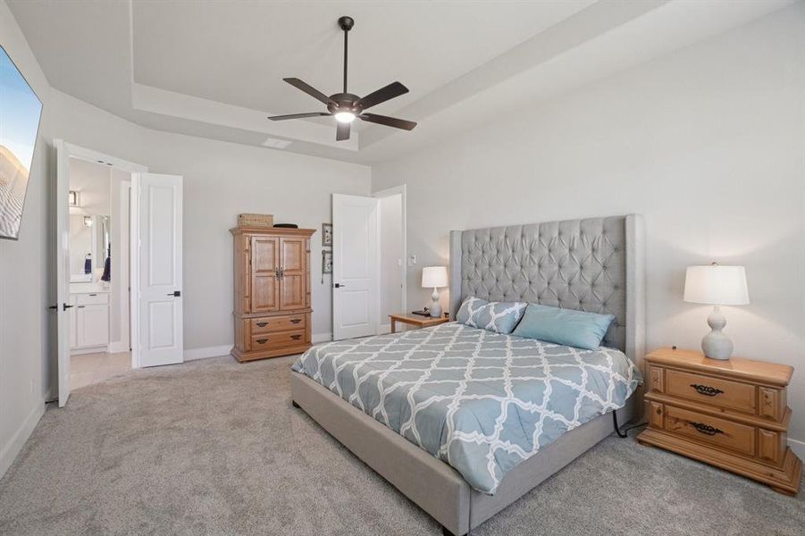 Spacious primary bedroom with a tray ceiling, ceiling fan, and ensuite bathroom