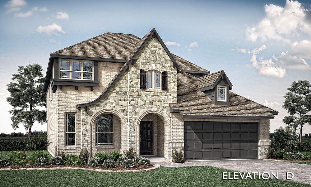 Two-story home with stone and brick exterior, arched entry, and two-car garage, Elevation D rendering Two-story home with stone and brick exterior, arched entry, and two-car garage, Elevation D rendering