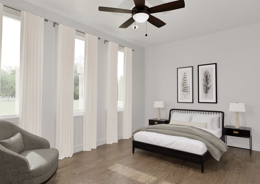 A bright, minimalist bedroom with a large bed, gray chair, and two leaf-themed artworks. Natural light streams through large windows.