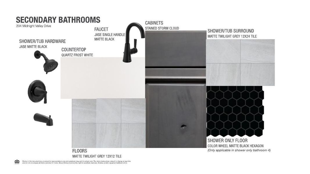 Visualize design elements for a secondary bathroom with dark matte fixtures and cool-toned tile selections.