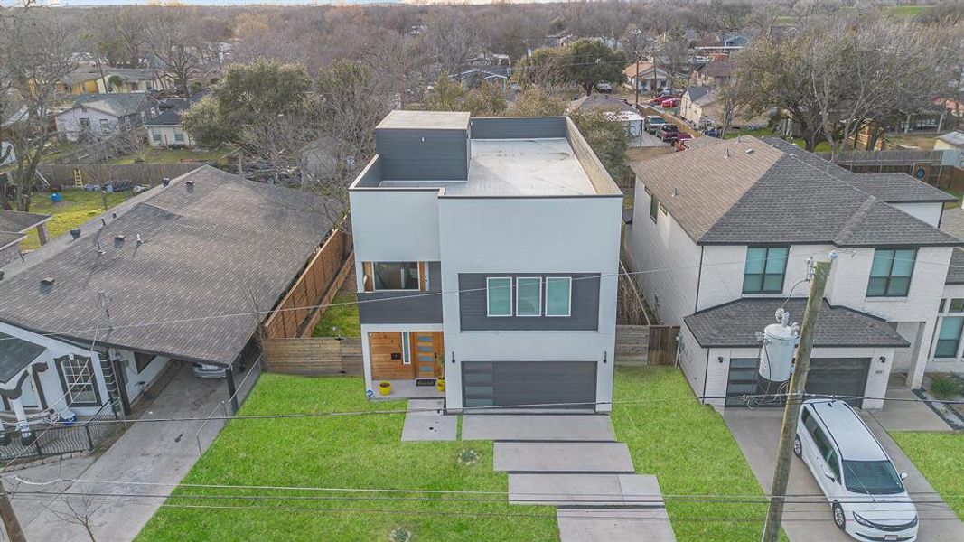 Birds eye view of property with a residential view