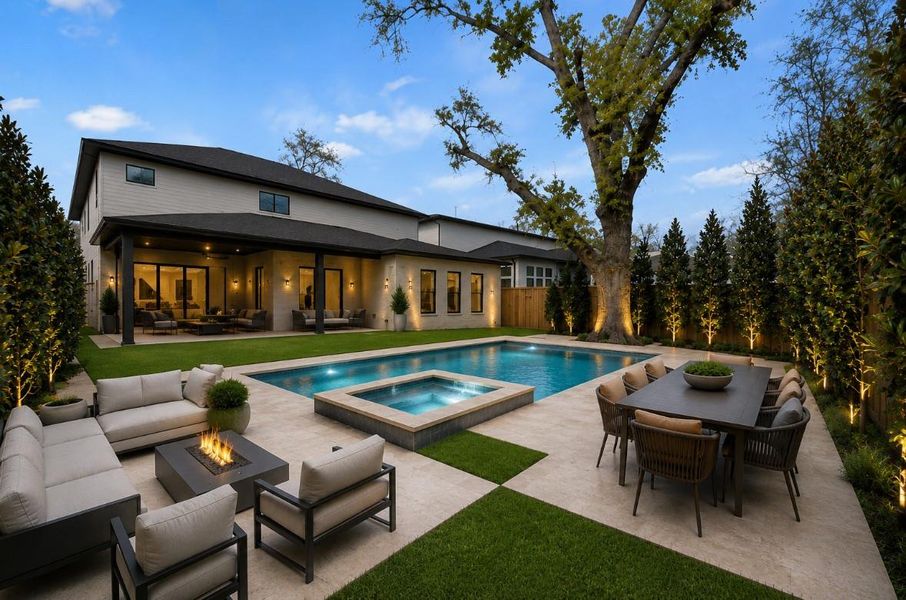 Virtually rendering of what the backyard could look like with a pool, outdoor space and privacy trees around the fence line. Virtually rendering of what the backyard could look like with a pool, outdoor space and privacy trees around the fence line.