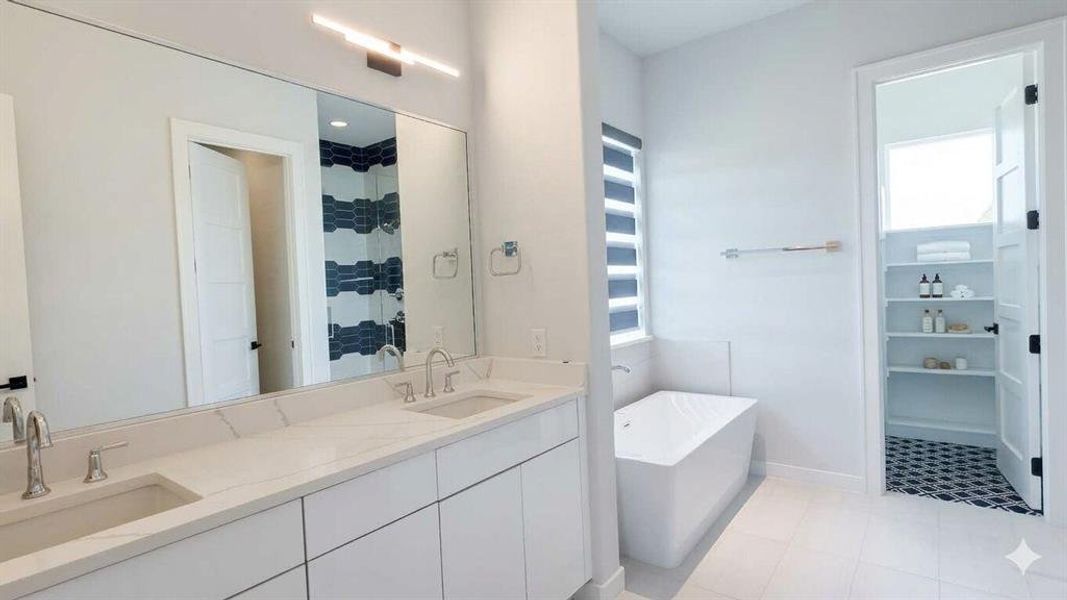 Bathroom featuring a double vanity with stone countertops, undermount sinks, and contemporary faucets
