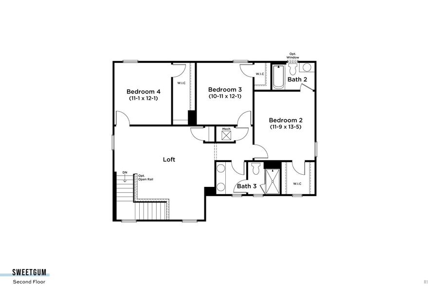 2D floor plan layout for the Sweetgum by DRB Homes in Lakeside at Satilla, St. Cloud, FL (Image 5).