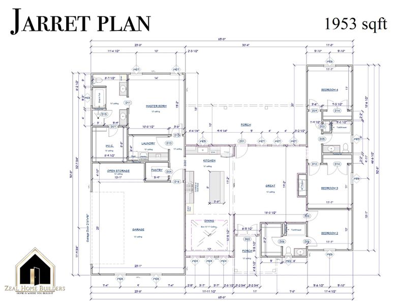 2D floor plan layout for the Jarrett 1 by Zeal Home Builders in Saddle Crest Estates, Weatherford, TX (Image 3).
