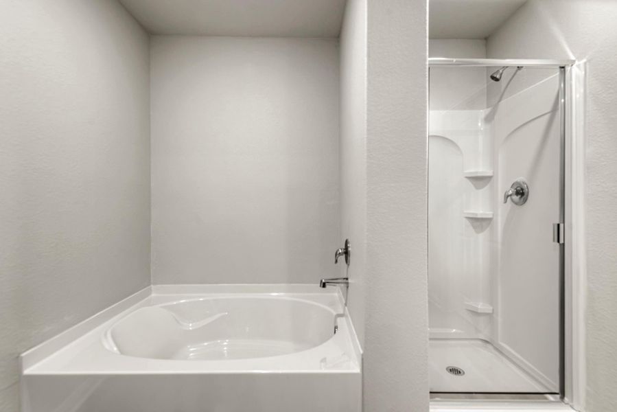The luxurious primary bathroom has a soaking tub, standing shower, and a walk-in closet.