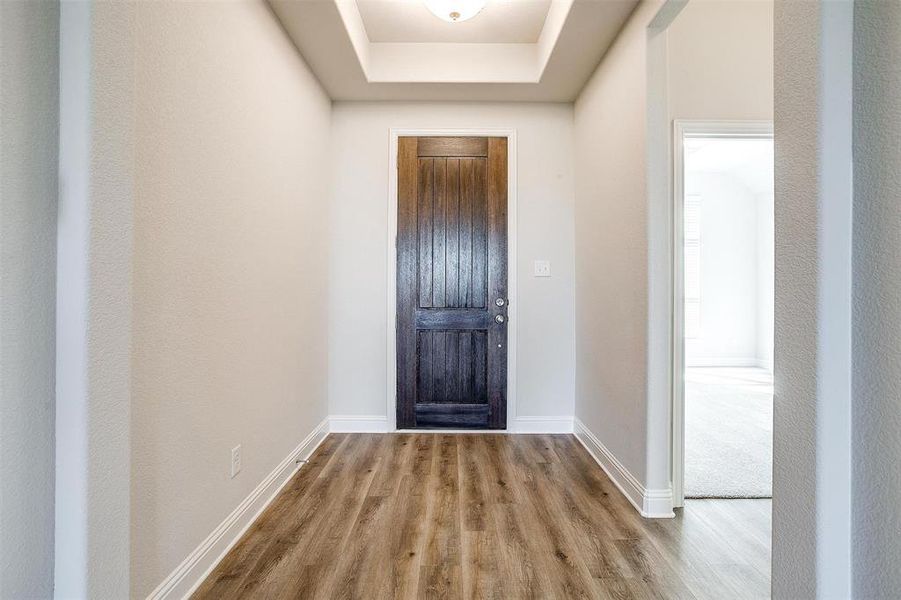 Doorway to outside featuring a tray ceiling and light wood-type flooring