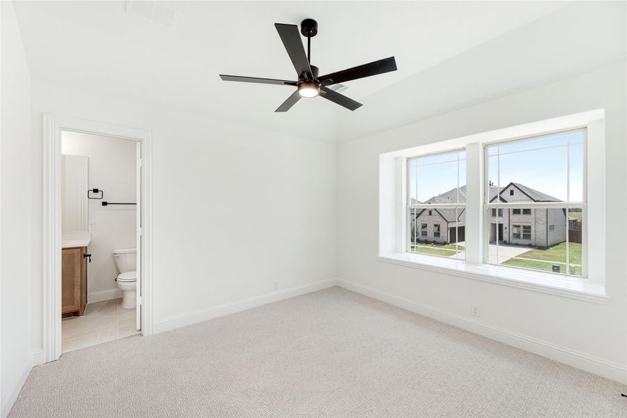 Bedroom with carpet, black ceiling fan, large window, and ensuite bathroom visible through open door