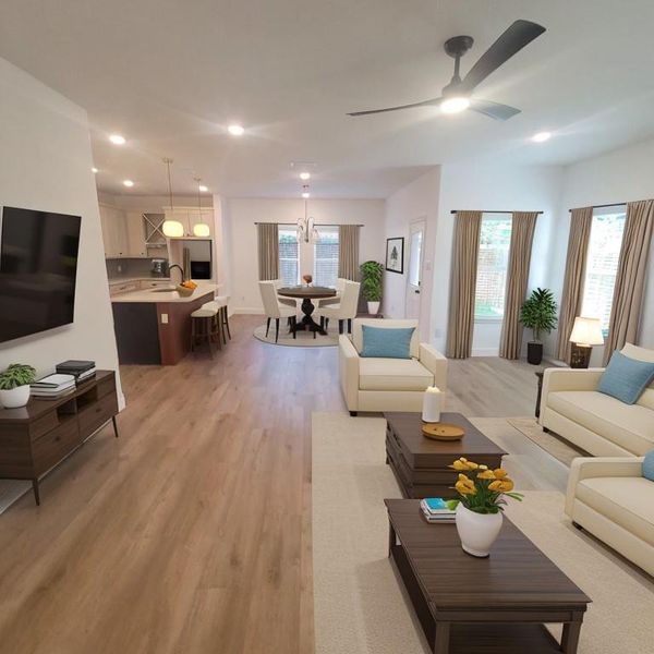 Living room featuring wood-style flooring, and ceiling fan. Photo generated with AI furniture not included in the sale.