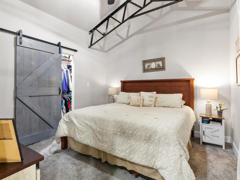 Carpeted bedroom featuring a barn door, baseboards, a closet, and a spacious closet