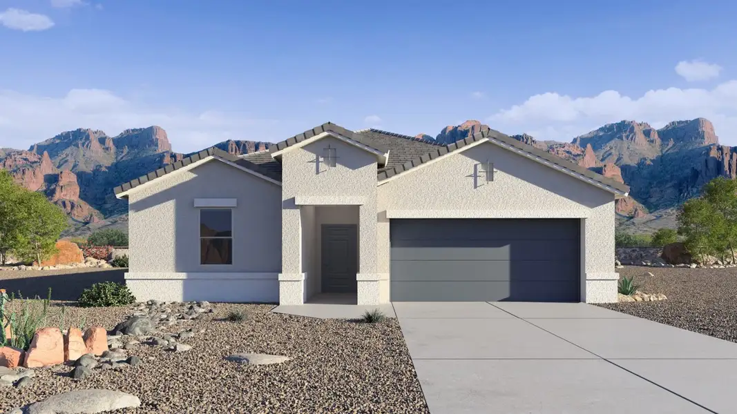 Front exterior of a new home in Radiance at Superstition Vistas, Apache Junction, AZ, highlighting curb appeal (Image 1). Front exterior of a new home in Radiance at Superstition Vistas, Apache Junction, AZ, highlighting curb appeal (Image 1).