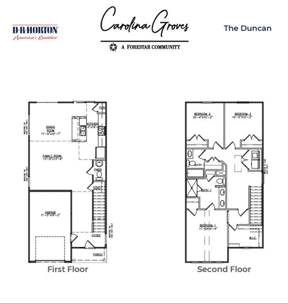 2D floor plan layout for the DUNCAN by D.R. Horton in Carolina Groves Townhomes, Moncks Corner, SC (Image 3).