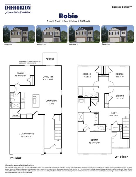 2D floor plan layout for the ROBIE by D.R. Horton in Lawson Glen, Clayton, NC (Image 3).