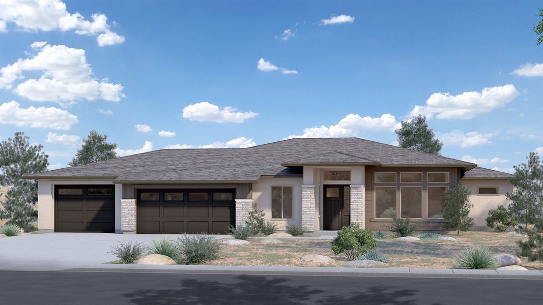 Front exterior of a new home in StoneRidge, Prescott Valley, AZ, highlighting curb appeal (Image 1). Front exterior of a new home in StoneRidge, Prescott Valley, AZ, highlighting curb appeal (Image 1).
