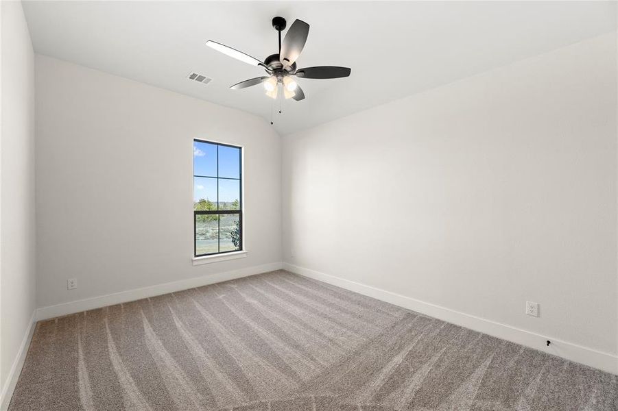 Unfurnished room with lofted ceiling, carpet floors, and ceiling fan