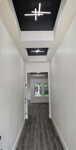 Corridor with baseboards, dark wood finished floors, and a raised ceiling