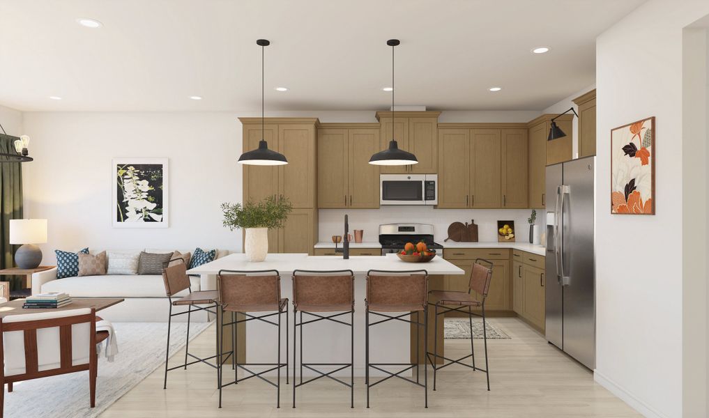 Kitchen with pendant lighting and floating shelves