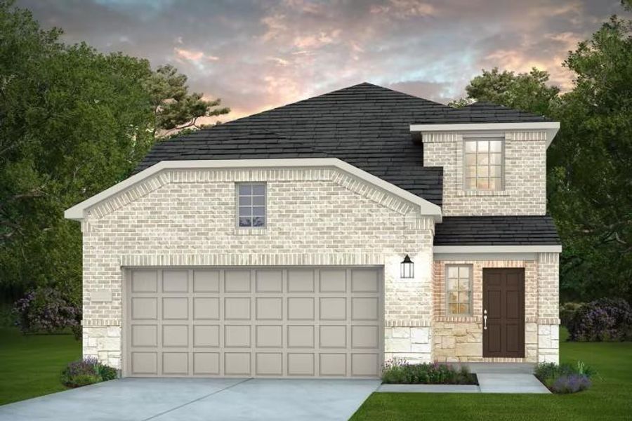 Front exterior of a new home in Mavera, Conroe, TX, highlighting curb appeal (Image 1).
