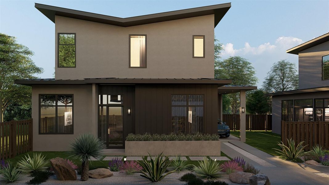 Back of property with stucco siding