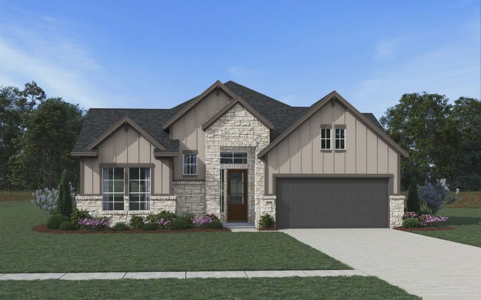 Representative exterior photo of a completed home built from the Corbin by Chesmar Homes in Audubon, Magnolia, TX (Image 2). Representative exterior photo of a completed home built from the Corbin by Chesmar Homes in Audubon, Magnolia, TX (Image 2).