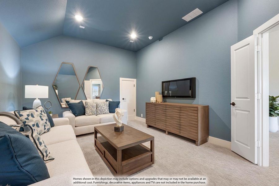 Living room with vaulted ceiling, blue walls, sectional sofa, wood coffee table, and wall-mounted TV