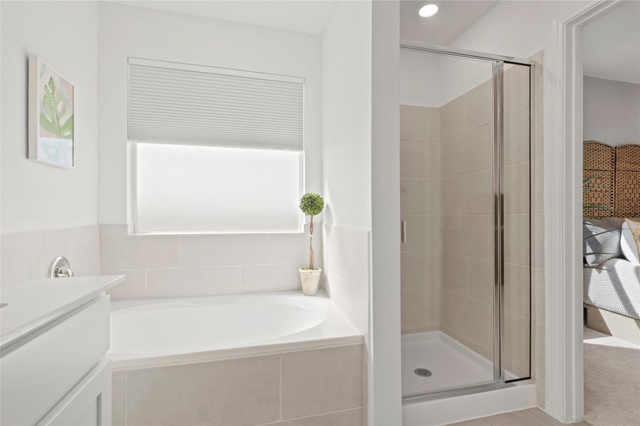 Full bathroom with vanity, a garden tub, and a stall shower