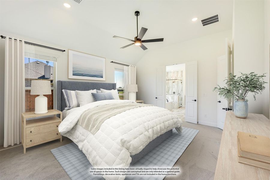 Master bedroom with vaulted ceiling, ceiling fan, carpet floors, and ensuite bathroom doorway Master bedroom with vaulted ceiling, ceiling fan, carpet floors, and ensuite bathroom doorway
