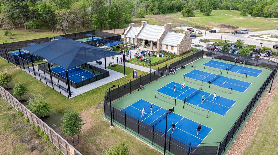 The Courtside Commons at Chambers Creek offers 9 pickleball courts, 2 tennis courts, seating areas and bathrooms.