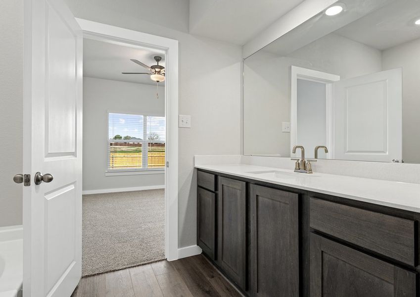 The master bathroom has a sprawling vanity.