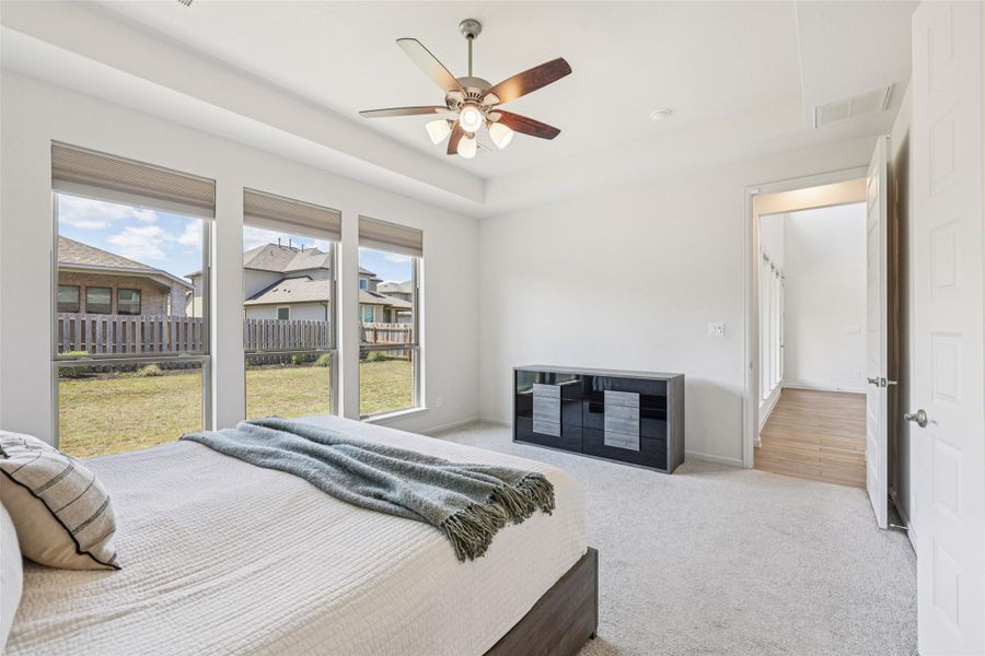 This bedroom features a ceiling fan with integrated lighting, three large windows with window coverings, and light-colored carpeting