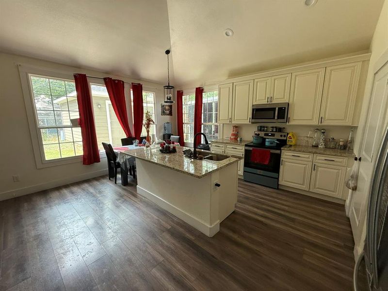 Kitchen with appliances with stainless steel finishes, healthy amount of natural light, dark wood-style floors, and light stone counters
