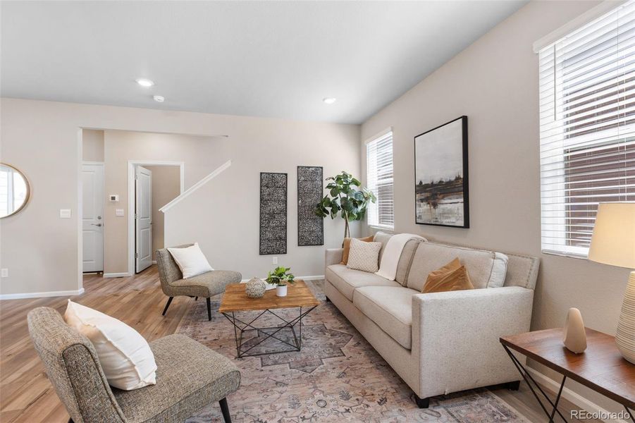 Furnished interior view inside a new home in Woodrose at Painted Prairie, Aurora (Image 18). Furnished interior view inside a new home in Woodrose at Painted Prairie, Aurora (Image 18).