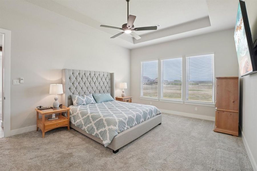 Spacious primary bedroom with a tray ceiling, ceiling fan, and ensuite bathroom