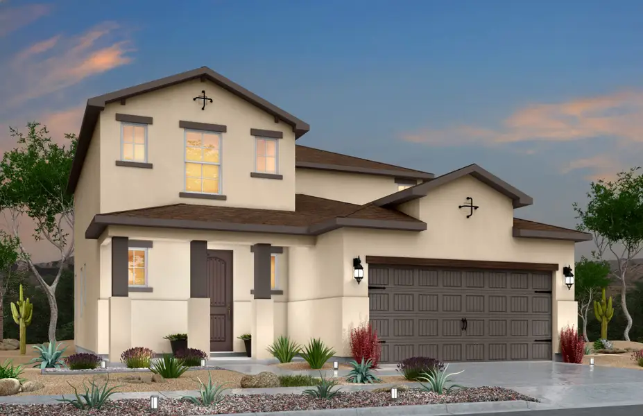 Front exterior of a new home in Emerald Estates, Horizon City, TX, highlighting curb appeal (Image 2). Front exterior of a new home in Emerald Estates, Horizon City, TX, highlighting curb appeal (Image 2).