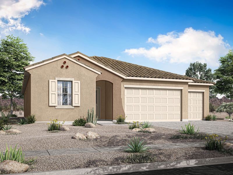 Front exterior of a new home in Landmarke, San Tan Valley, AZ, highlighting curb appeal (Image 1). Front exterior of a new home in Landmarke, San Tan Valley, AZ, highlighting curb appeal (Image 1).
