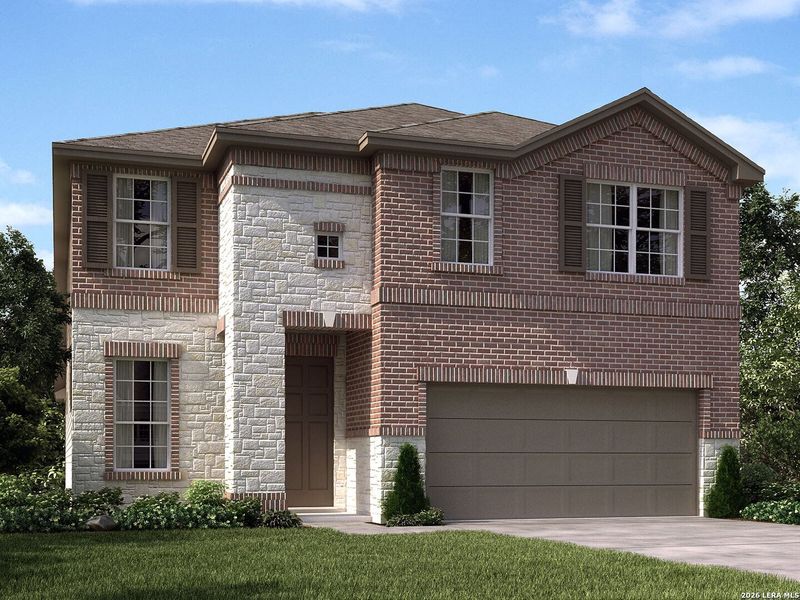 Front exterior of a new home in Kallison Ranch, San Antonio, TX, highlighting curb appeal (Image 1). Front exterior of a new home in Kallison Ranch, San Antonio, TX, highlighting curb appeal (Image 1).