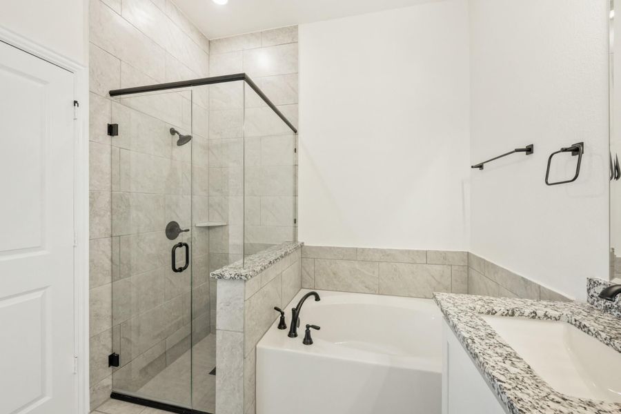 Bathroom with glass walk-in shower, soaking tub, marble tile walls, and granite countertop vanity