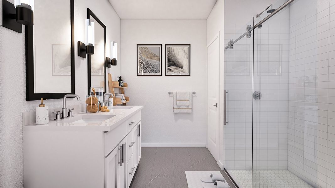 Primary bath with dual sinks and glass shower