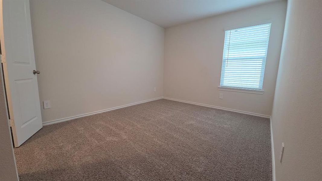 Carpeted room featuring a single window with blinds, white trim, and light-toned walls