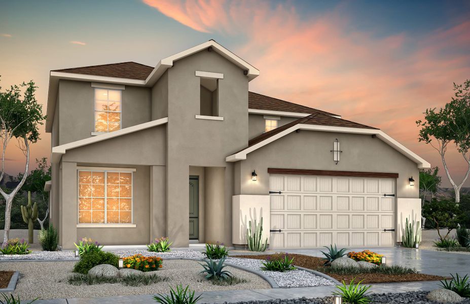 Representative exterior photo of a completed home built from the Bliss by View Homes in The View at Desert Springs | Thoughtful Collection, El Paso, TX (Image 2). Representative exterior photo of a completed home built from the Bliss by View Homes in The View at Desert Springs | Thoughtful Collection, El Paso, TX (Image 2).