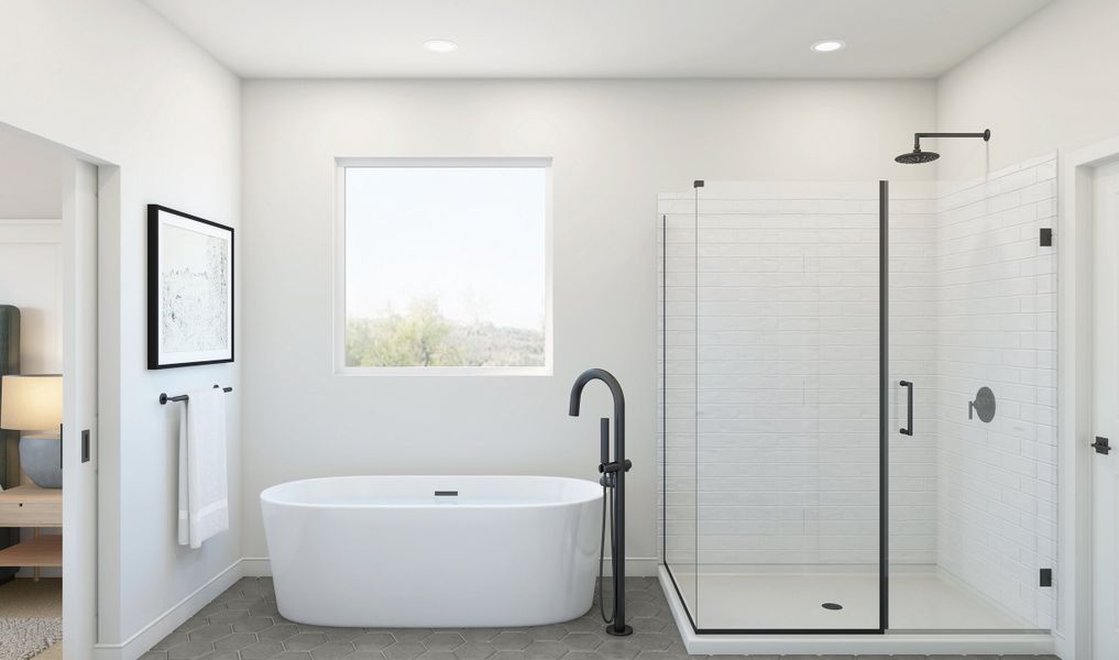 Freestanding tub with glass shower enclosure
