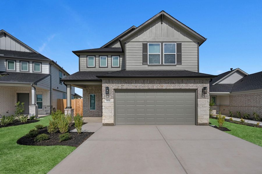 Front exterior of a new home in Grand Oaks Village, Houston, TX, highlighting curb appeal (Image 17). Front exterior of a new home in Grand Oaks Village, Houston, TX, highlighting curb appeal (Image 17).
