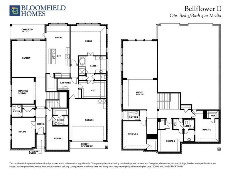 Bloomfield Homes Bellflower II floor plan showing two-story layout with 5 bedrooms, 4 bathrooms, game room, and porte cochere. Bloomfield Homes Bellflower II floor plan showing two-story layout with 5 bedrooms, 4 bathrooms, game room, and porte cochere.