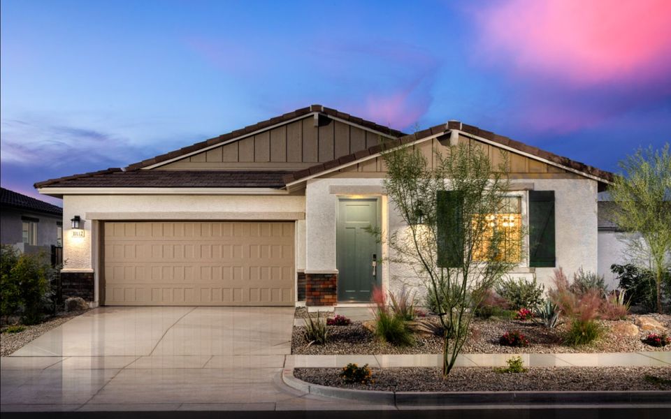 Front exterior of a new home in Wildflower at Blossom Rock, Apache Junction, AZ, highlighting curb appeal (Image 2).