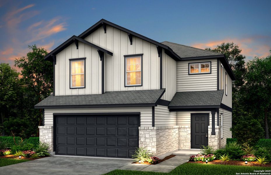 Front exterior of a new home in The Overlook at Creekside, New Braunfels, TX, highlighting curb appeal (Image 1).