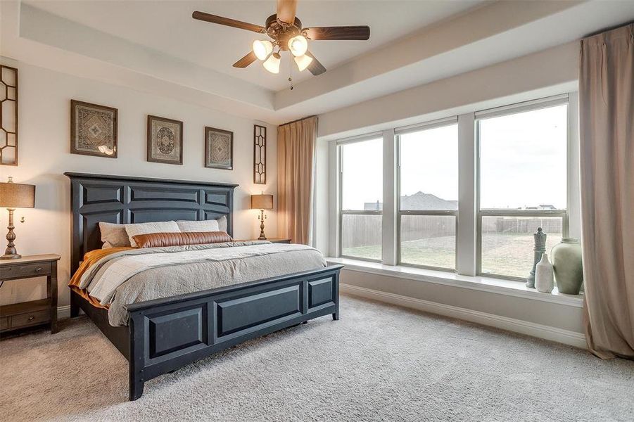 Carpeted bedroom with a tray ceiling and ceiling fan