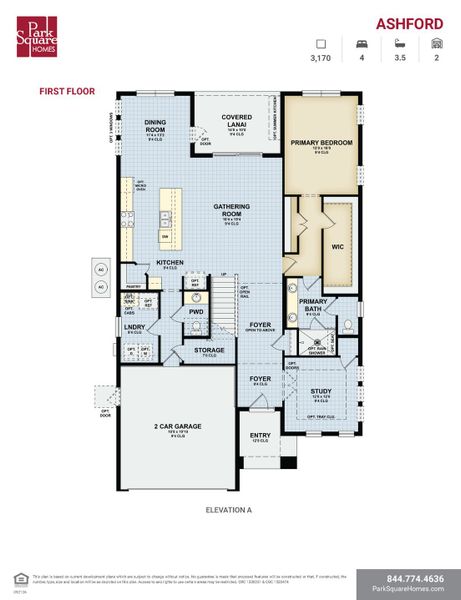2D floor plan layout for the Ashford by Park Square Residential in Tamarack at Two Rivers, Zephyrhills, FL (Image 3).